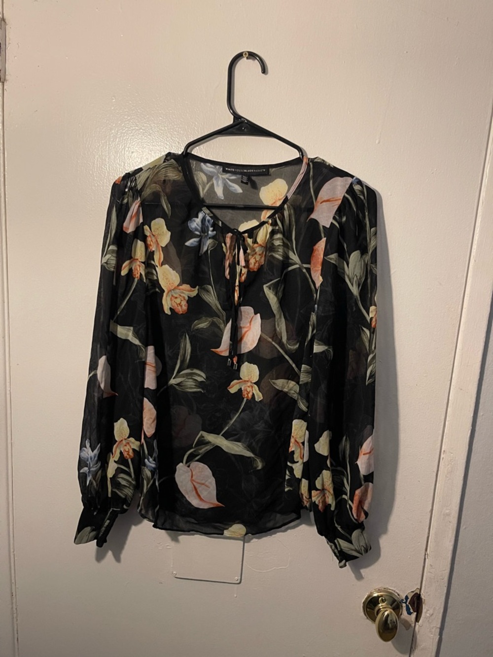 White House Black Market Black Sheer Floral Tie-Neck Blouse